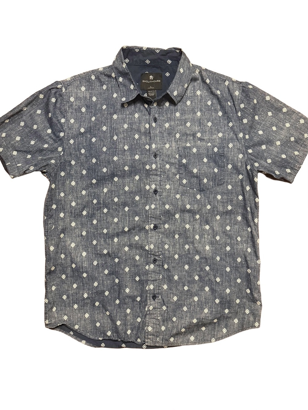 ShoutHouse Blue Short-Sleeve Button-Down with 
White Micro Diamond Print
